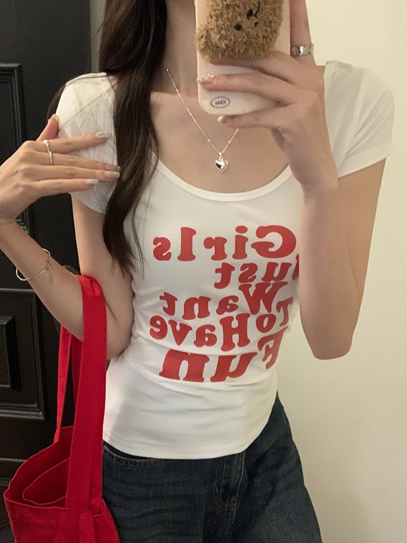 Real shot 1*1 pure cotton thread 210g short-sleeved T-shirt 2025 summer trend slim short front shoulder round neck Korean top