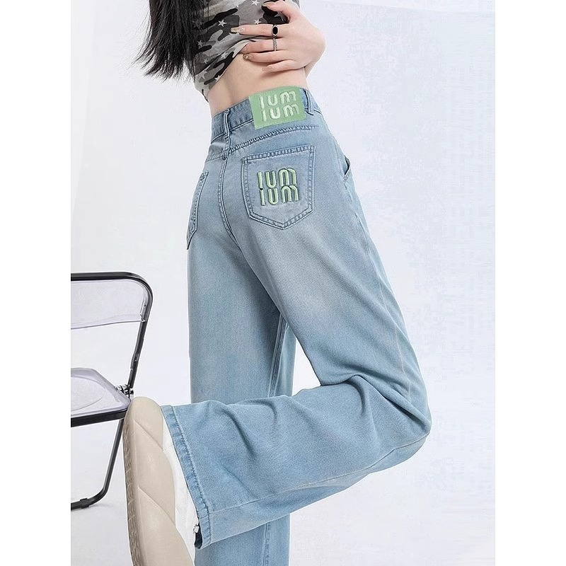 Tennis soft denim wide-leg pants for women in summer thin high waist pear shape body thin ice silk embroidered straight pants KX