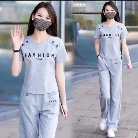 Loose round neck short sleeve straight pants two-piece set 2025 summer youthful and fashionable versatile age-reducing sportswear set