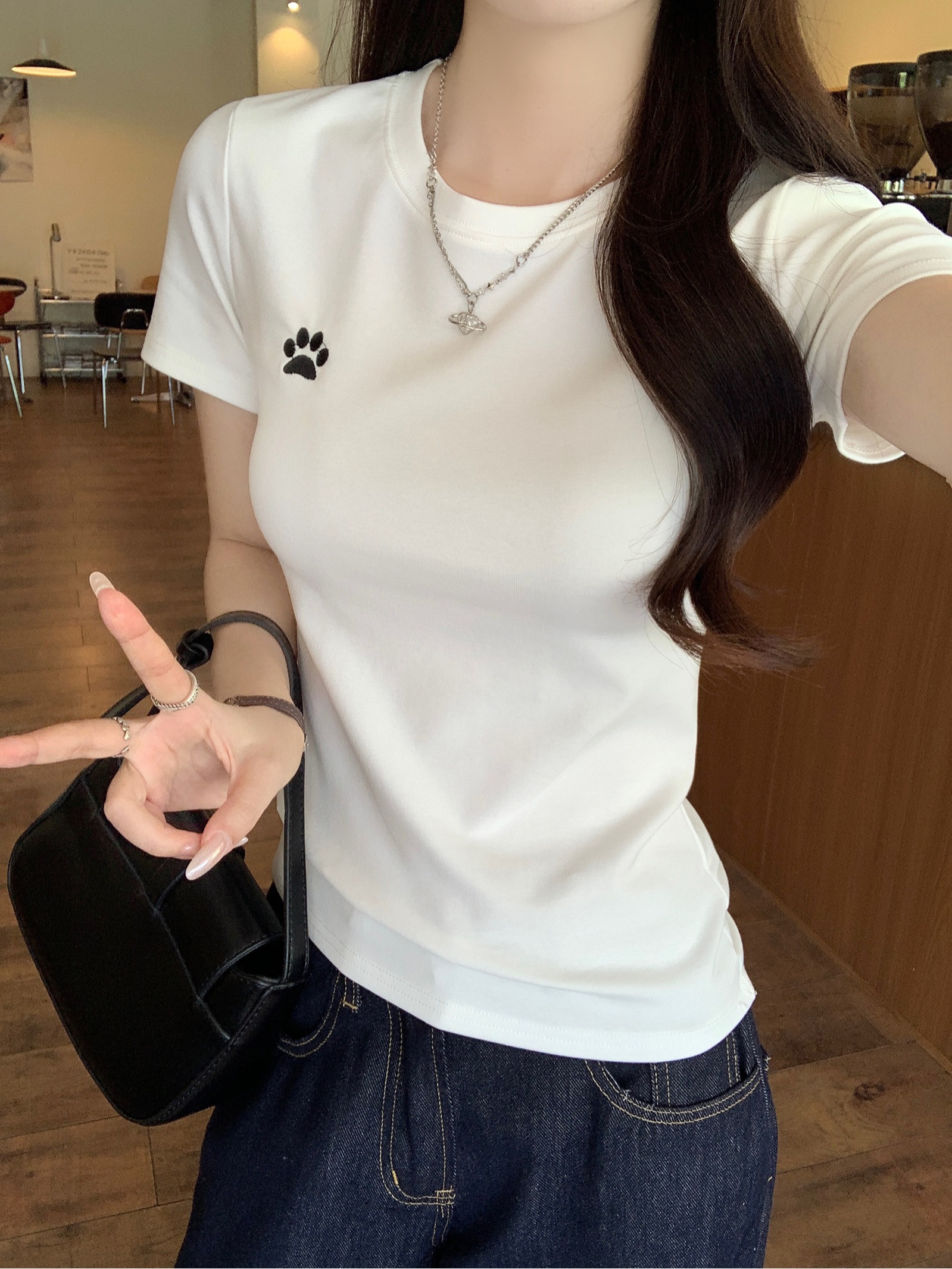 Real shot 1*1 thread 210g short-sleeved T-shirt summer 2025 trendy embroidered slim short round neck top Korean women's clothing