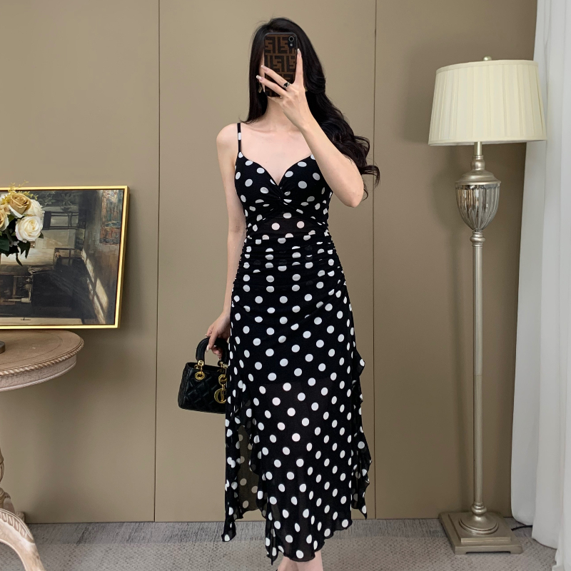Sling polka dot slim long skirt 2005 summer new sexy pure waist-hugging dress
