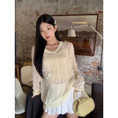 ~Spring and Autumn V-neck hollow bow knitted blouse for women's design lazy style loose long-sleeved top