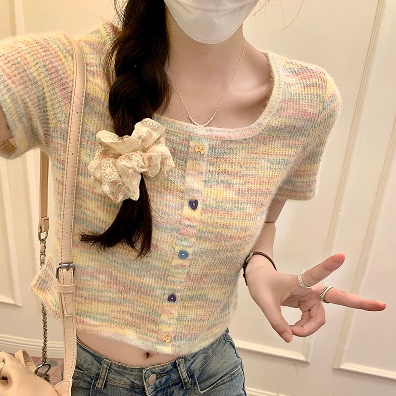 Real shot 280g original cloth short-sleeved T-shirt summer 2025 trendy front shoulder slim short cardigan square collar top for women