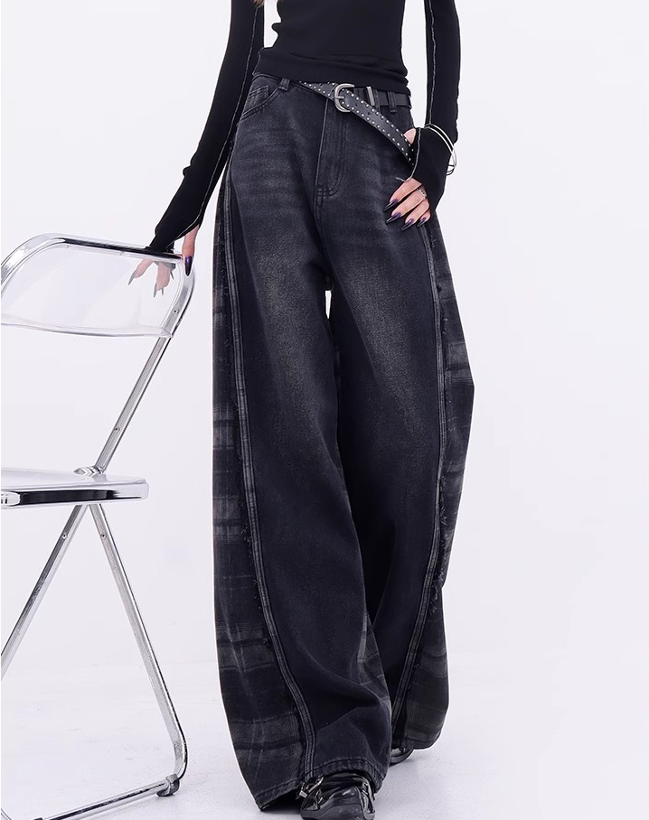 KENH American retro checkered contrasting color spliced ​​jeans for women's spring new loose draped wide-leg trousers