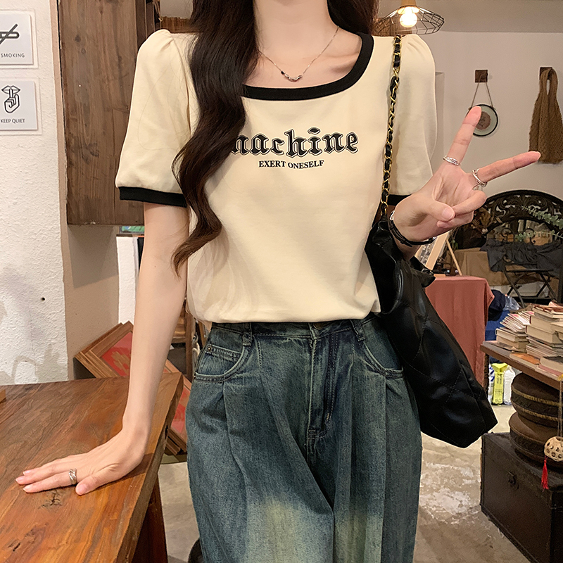 Real shot 1*1 thread 210g summer 2025 new slim-fitting shoulder princess sleeve short round neck top Korean women's clothing