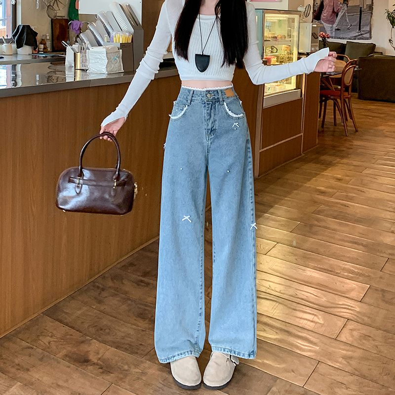 Real shot of lace spliced ​​bow jeans for women in spring design high waist straight loose wide-leg pants