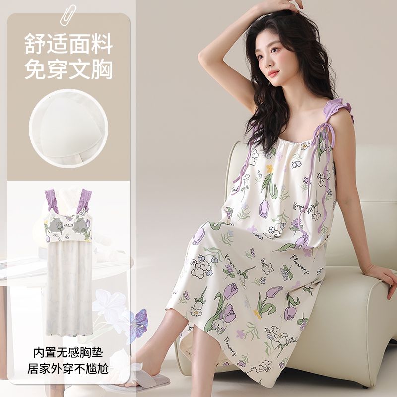 Summer pure cotton with chest pad sexy suspender nightgown ladies home clothes princess style nightgown