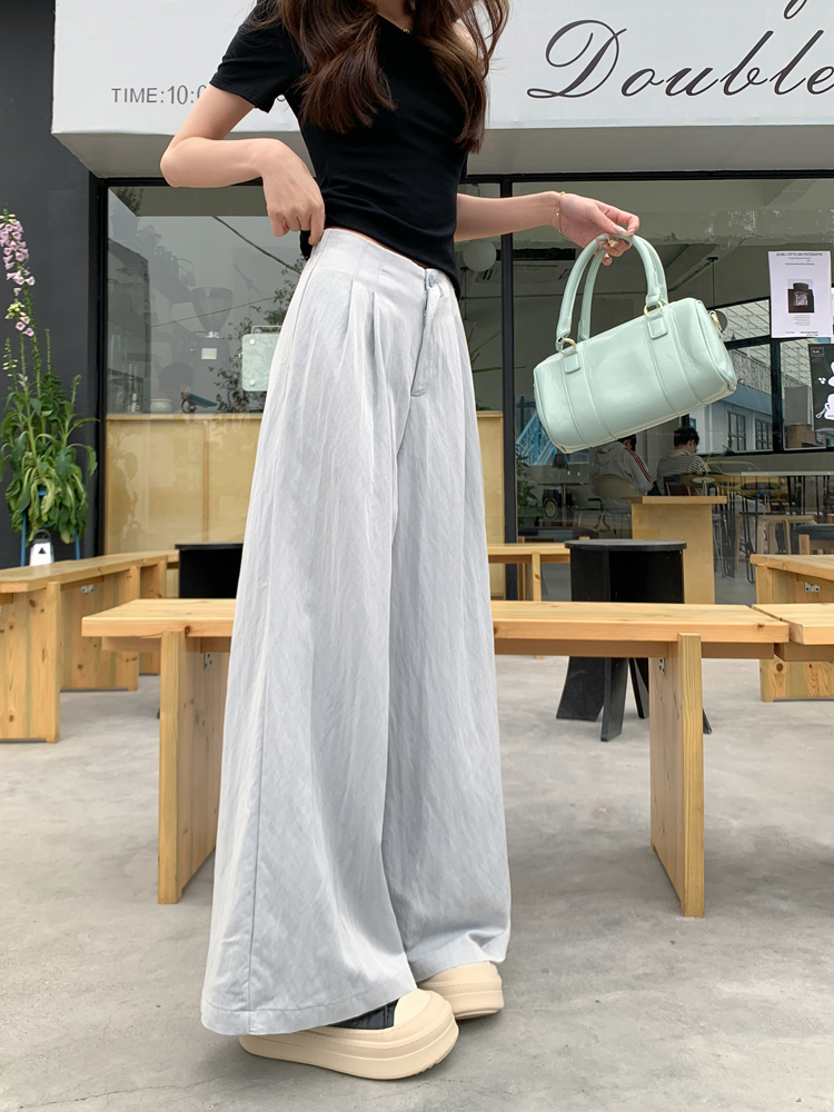 Real shot of high-end retro dark blue casual pants for women 2025 spring American drooping high waist wide-leg floor pants