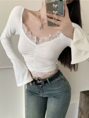 Sweet hot girl v-neck short front shoulder top lace design trumpet long-sleeved T-shirt