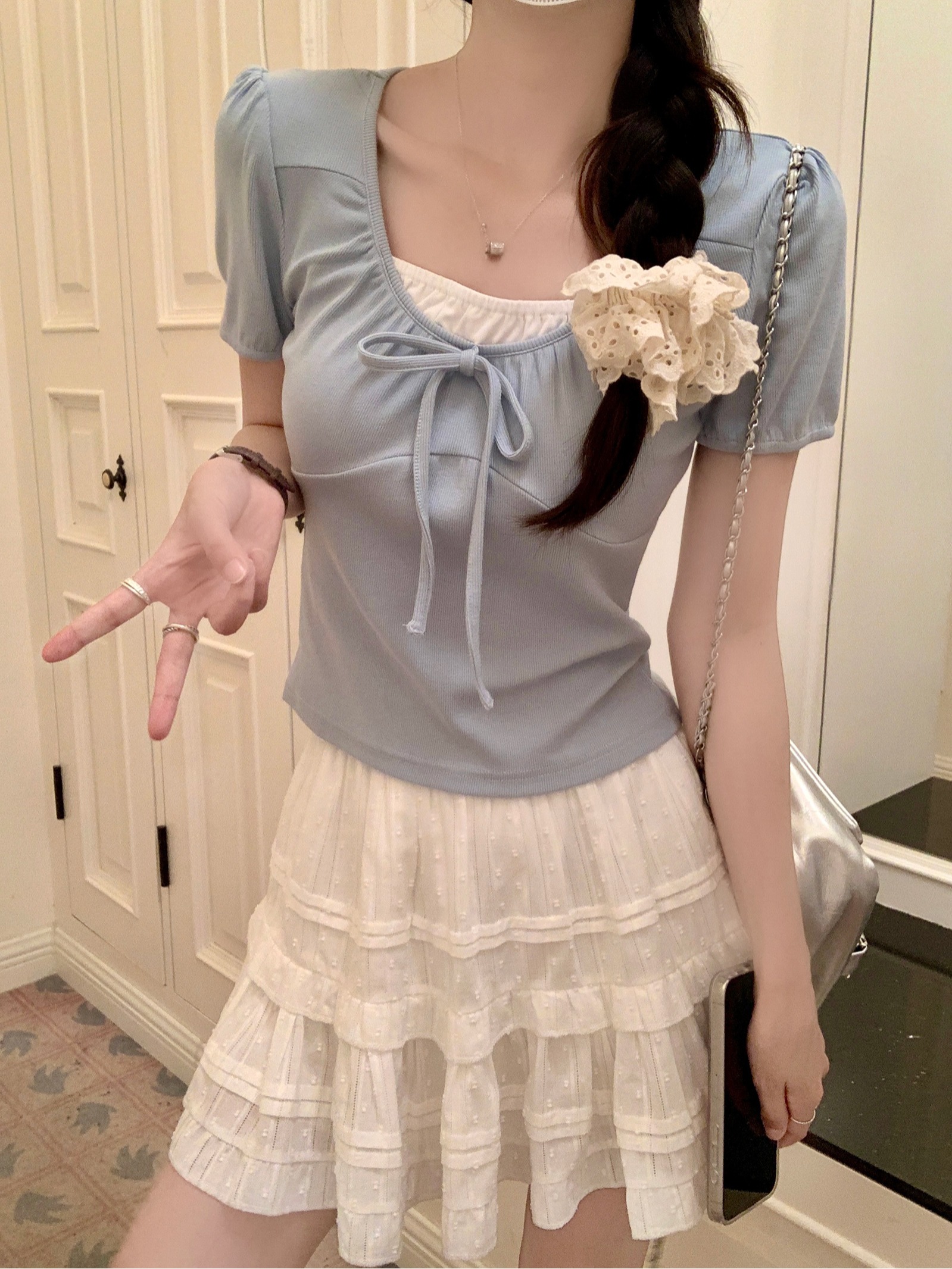 Real shot 260g French fine thread short-sleeved T-shirt summer 2025 trendy two-piece front shoulder slim short top for women