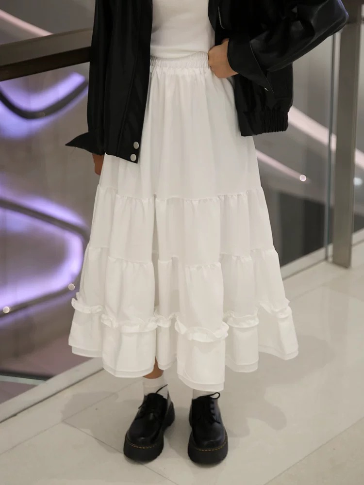 White ruffled skirt for women in spring, summer and autumn new high-waisted slim mid-length A-line ballet style cake skirt