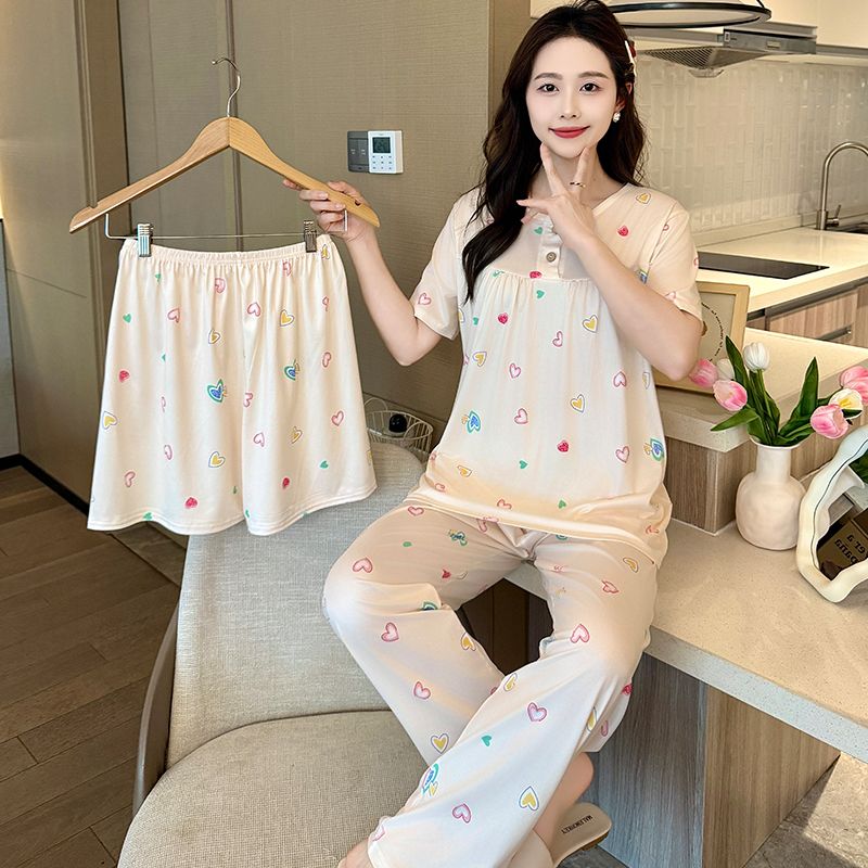 Summer imitation cotton round neck short-sleeved three-piece pajamas women's suit casual outdoor wear