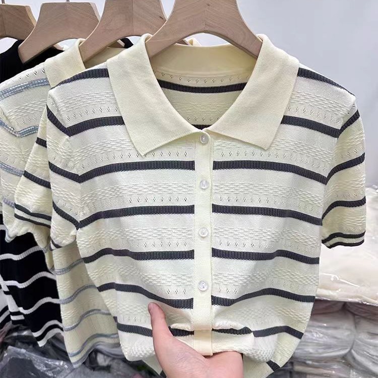 POLO collar striped short-sleeved T-shirt for women 2025 summer new ice silk sweater cardigan commuter short top