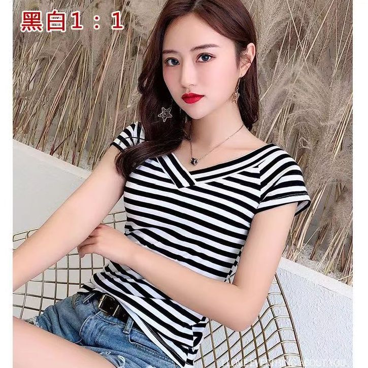 Korean style fashionable striped short-sleeved T-sleeved women's spring and summer French lazy style high-end T-shirt design niche loose T-shirt