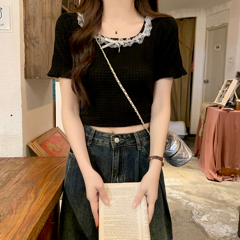 Real shot short-sleeved T-shirt summer women's 2025 slim and trendy shoulder-length elegant lace puff sleeves short round neck Korean top