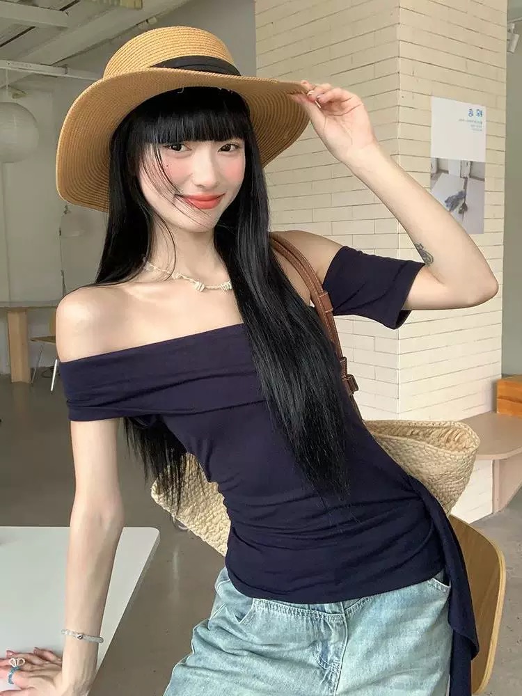 WSMY design sense hot girl style solid color streamer one-length T-shirt for women summer temperament chic waist-covering off-shoulder top