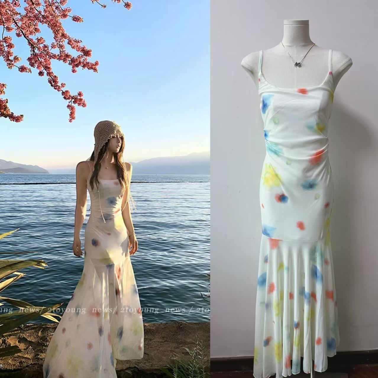 2toyoung summer watercolor suspender dress for women spring and summer small long irregular skirt fishtail skirt