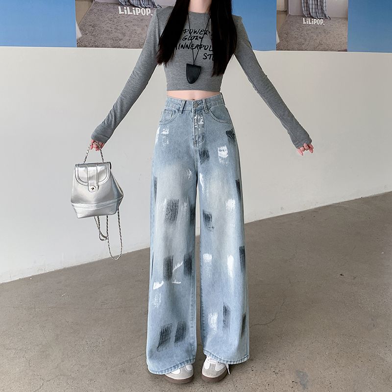 Real photo American retro wide-leg jeans for women in spring new style old draped loose floor trousers