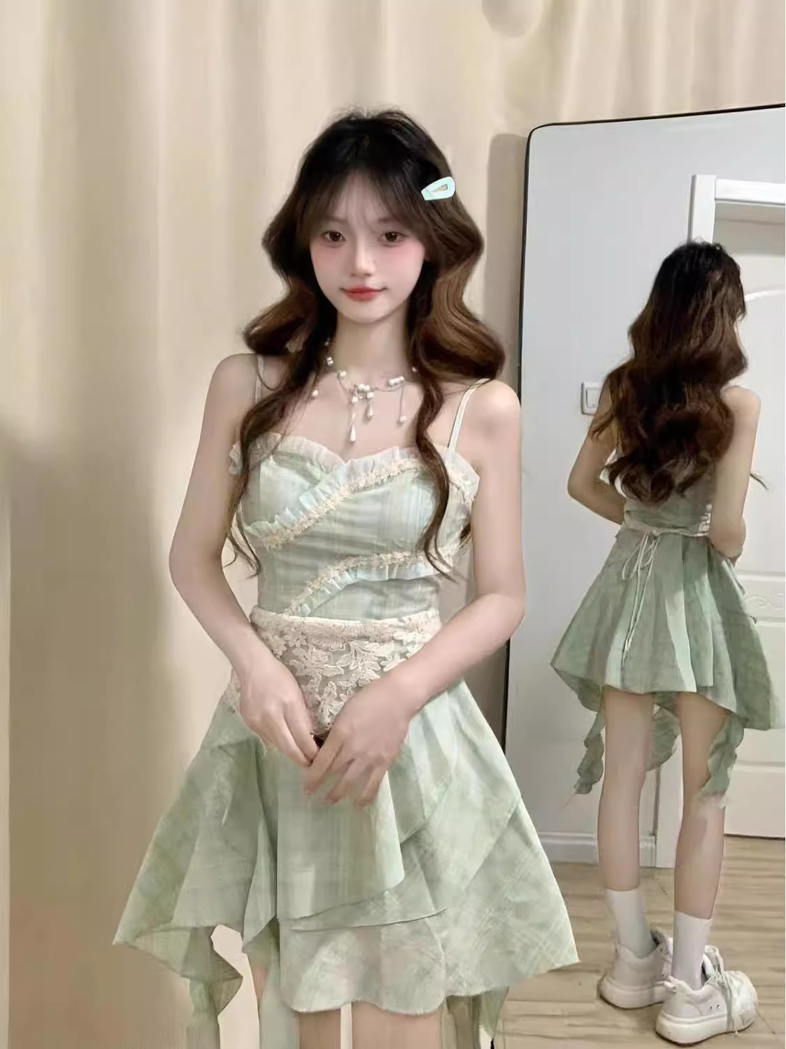 2025 spring new girlish style sweet green sleeveless suspender skirt student waist slimming irregular midi skirt