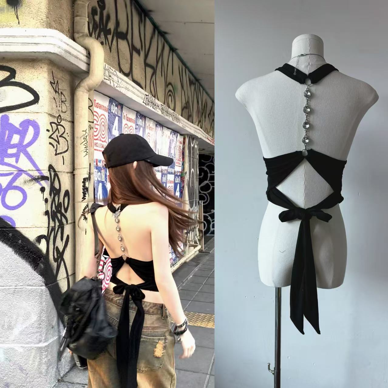 Suuuicee beautiful back sniper neck strap design sexy backless suspender slim sleeveless pure short top