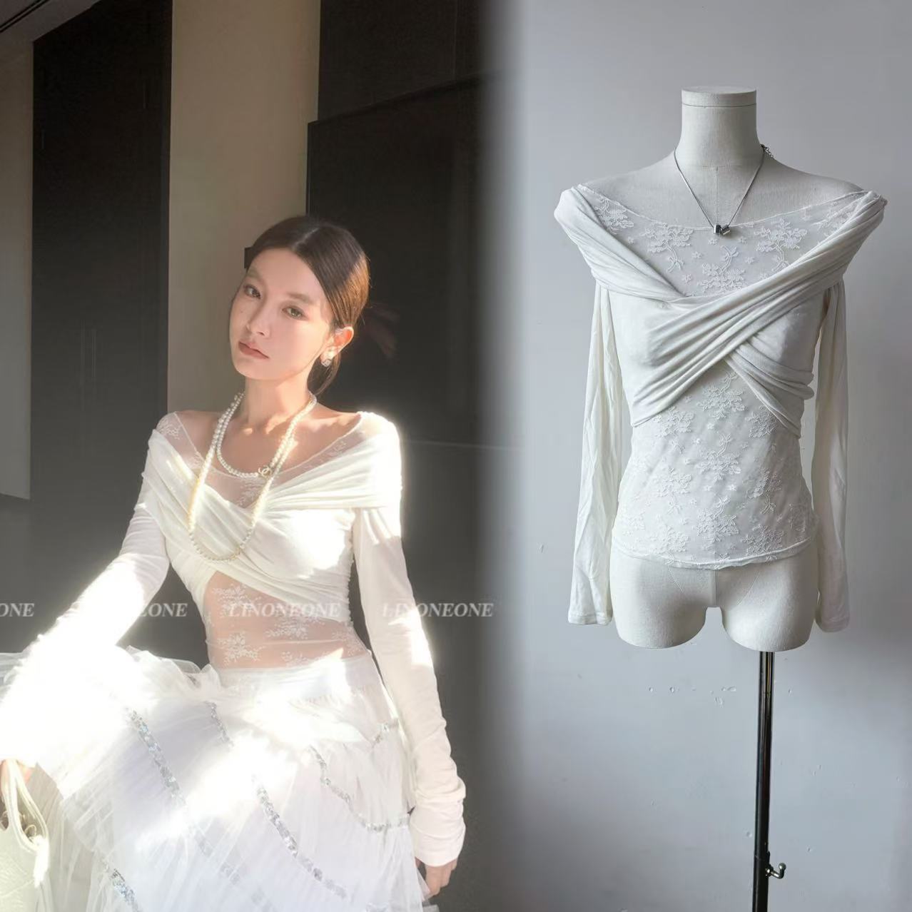 LINONE Dingdal effect pure desire V-neck lace mesh long-sleeved T-shirt stretch slim hot girl top