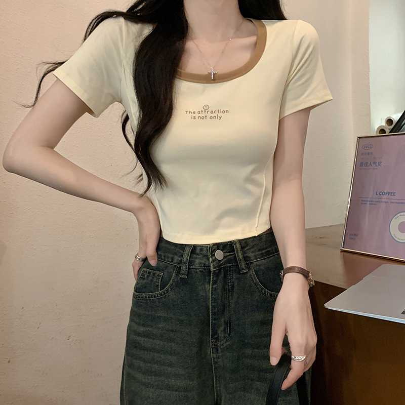 Real shot of 1 to 1 thread 210g short-sleeved T-shirt 2025 summer print slim short front shoulder contrast collar Korean women's clothing