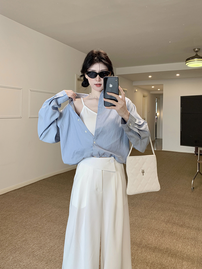 Real-life design sense splicing fake two-piece long-sleeved shirt temperament top for women + high-waisted slim suit pants floor pants