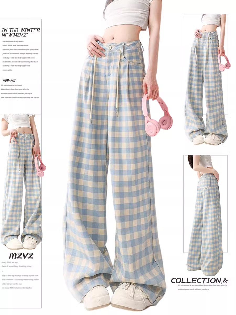 Original blue plaid wide-leg pants for women in summer new high-waist loose slim straight-leg casual pants trendy
