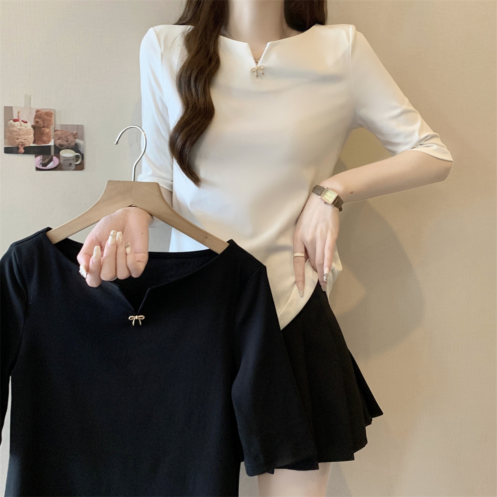 Real shot 40 pure cotton 210g 92 cotton/8 spandex mid-sleeved T-shirt for women