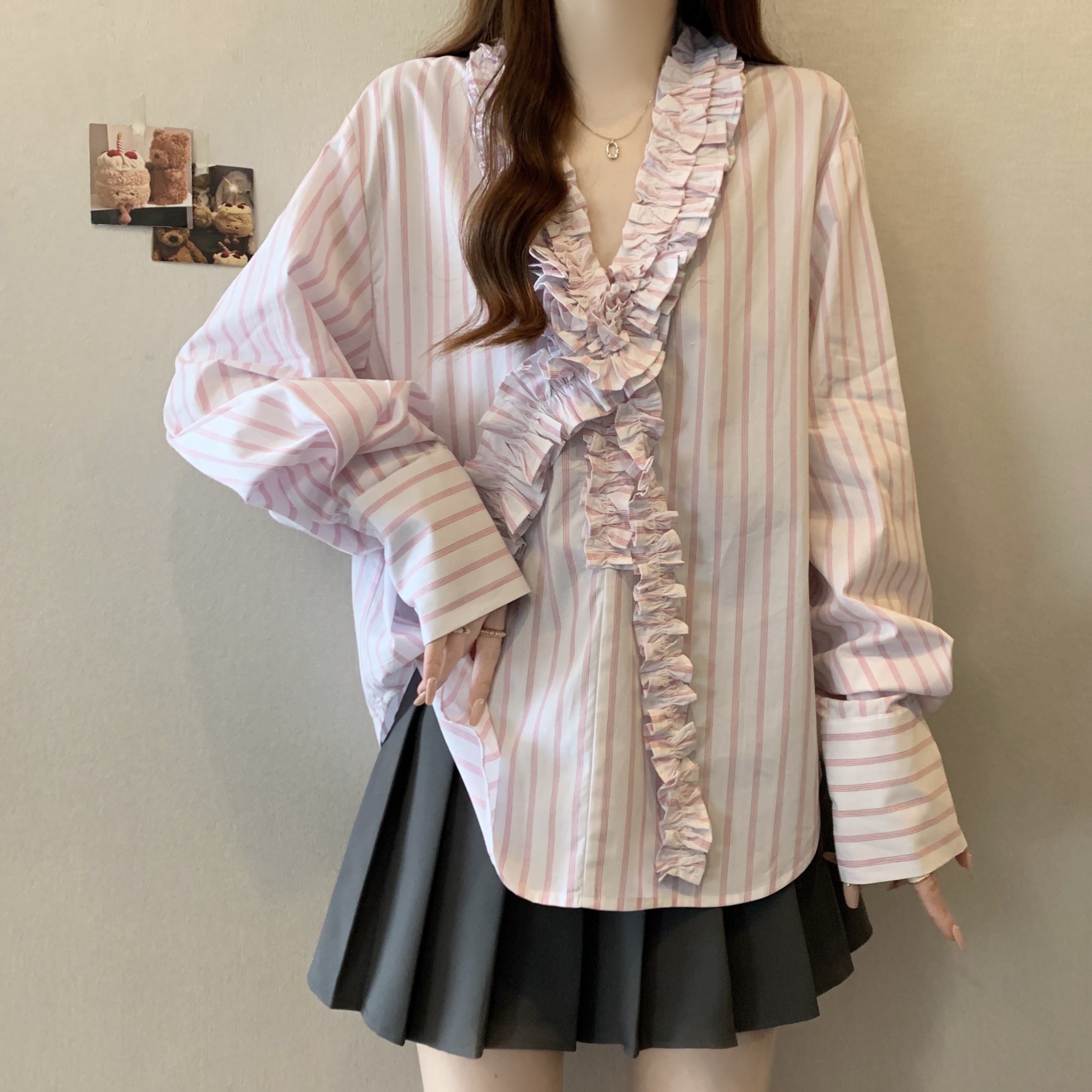 Real shot, large size fat MM Korean early spring new pink striped shirt loose slim shirt top