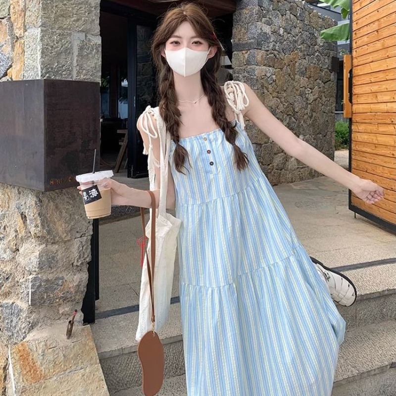 Korean blue striped strap suspender dress for women in summer seaside vacation long skirt sleeveless loose a-line skirt