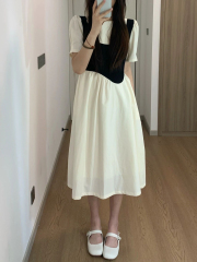 French apricot fake two-piece dress summer 2025 new design niche long puff sleeve first love skirt