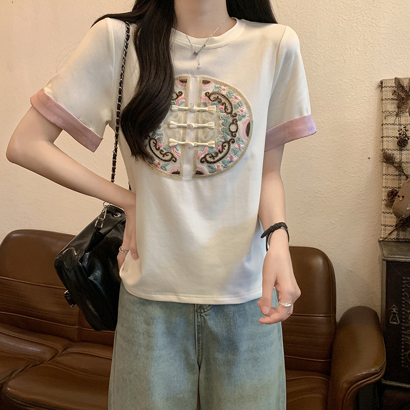 Real shot of new Chinese style 1*1 thread 210g short-sleeved T-shirt for women's summer embroidered slim shoulder short round neck top