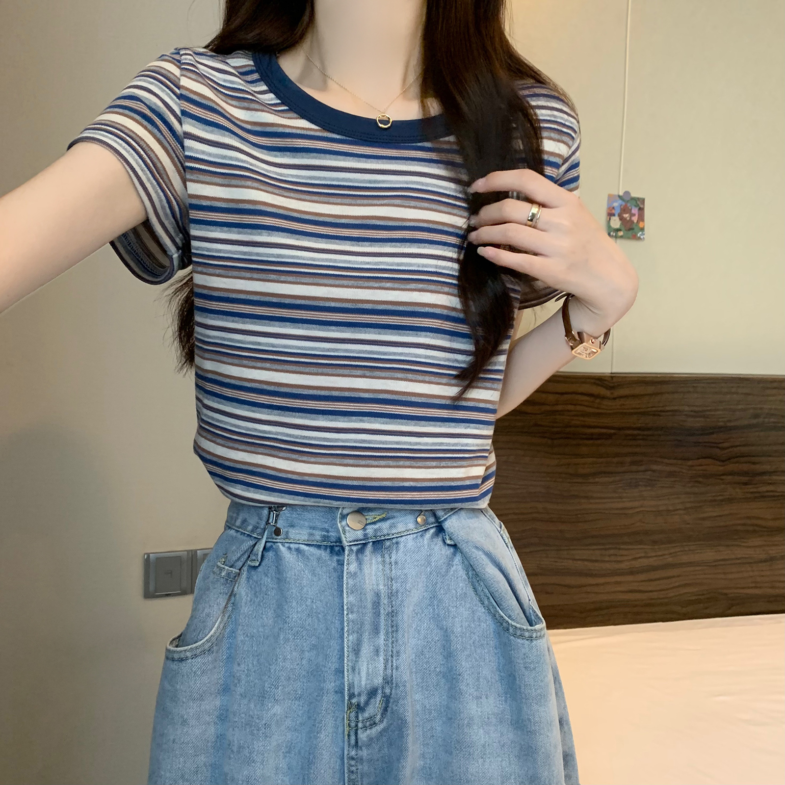 Real-life cloud cotton quality short-sleeved T-shirt for women's summer 2025 short slim round neck top large size women's clothing
