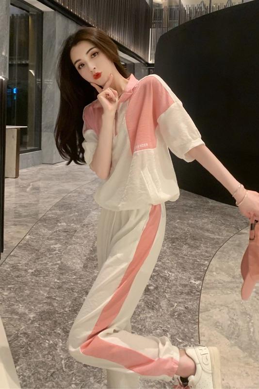 Internet celebrity sportswear casual suit pants for women in summer new fashion age-reducing style splicing short sleeves two-piece set