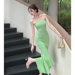 Real-life strap brooch dress for women in summer, high-end off-shoulder slim long hip-pack fishtail skirt