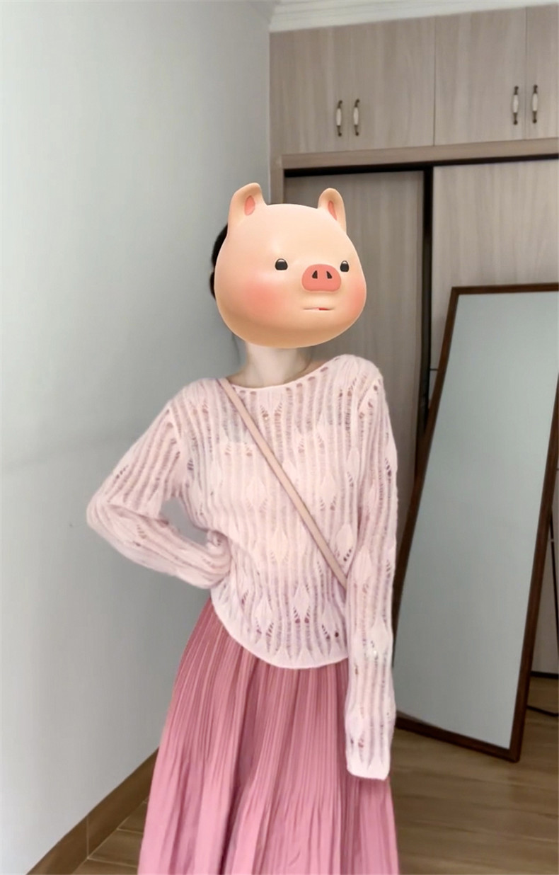 French hollow pink ice silk long-sleeved sweater for women in summer thin suspender with loose air conditioning shirt top