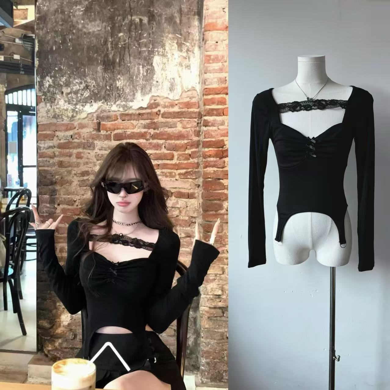Suuuuicee Booming Black Slim Hot Girl Sexy Pleated Short Top Small Long Sleeve T-shirt