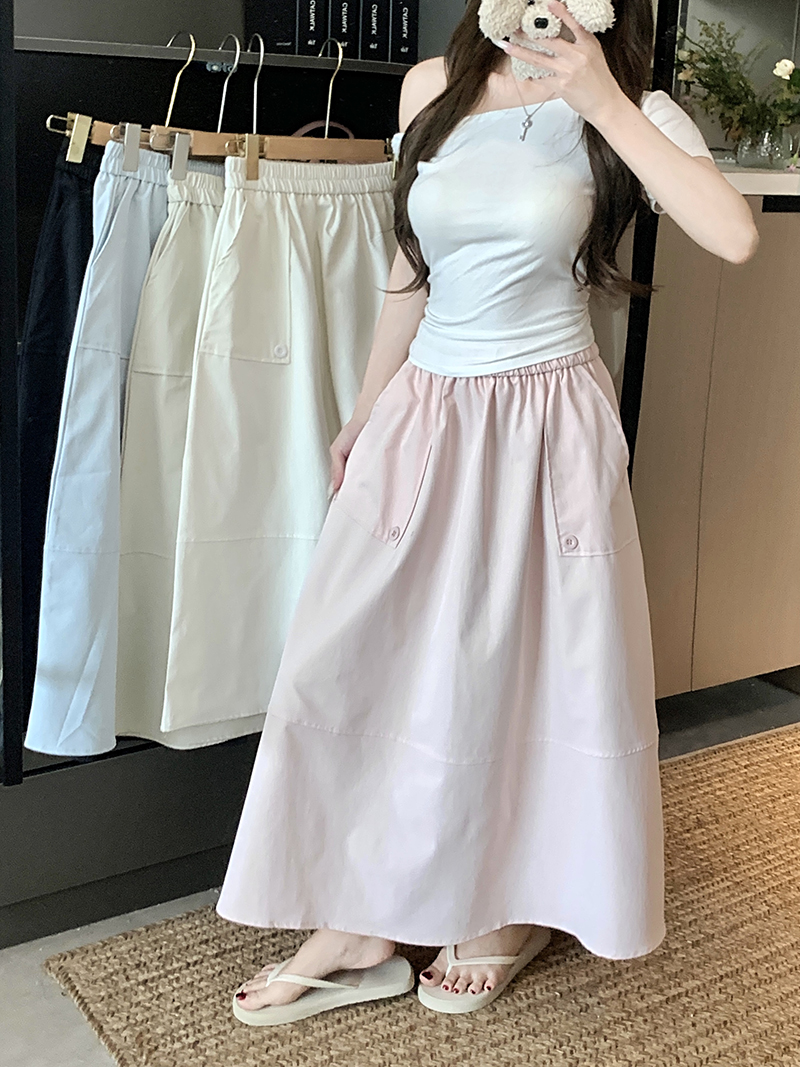 Real-life design sense solid color skirt for women in summer high waist slim A-line skirt umbrella skirt mid-length skirt work skirt skirt