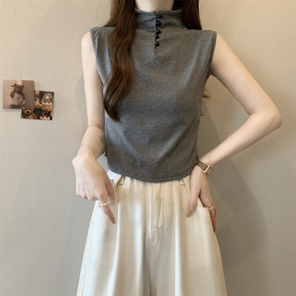 Real shot 40 pure cotton 210g 92 cotton/8 spandex half high neck sleeveless T-shirt for women