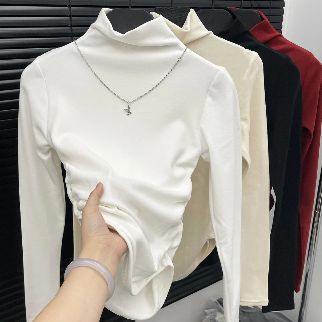 2025 Spring and Autumn and Winter New Half High Neck Thicken Thicken Velvet Long Sleeve T-shirt Women's Quality 260g