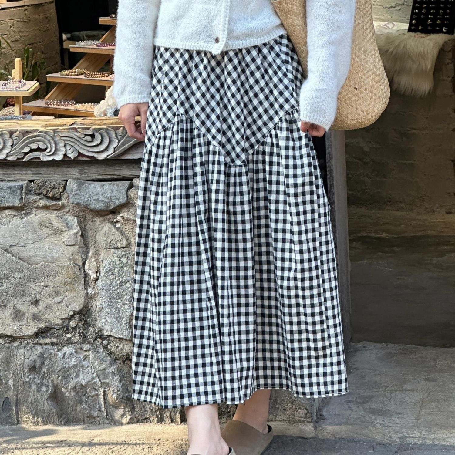 Japanese elastic high waist red and white plaid skirt spring and autumn irregular splicing large a-line skirt midi skirt trendy