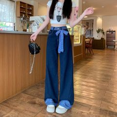 Real shot~Split loose wide-leg jeans for women 2025 spring bow tie straight floor mopping pants