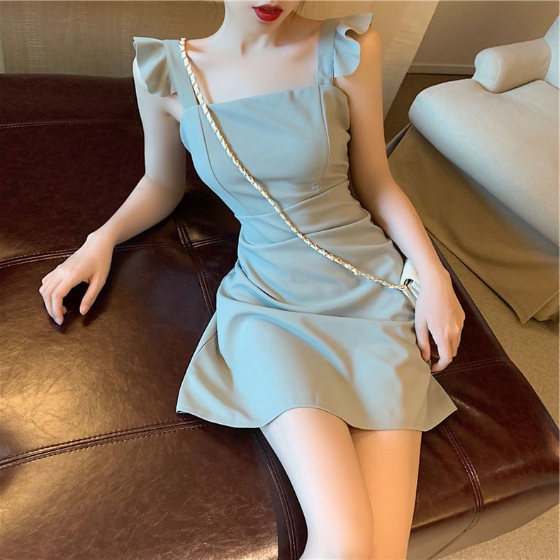 American fashion high-end dress for women in spring and summer Korean versatile black ear skirt high-end waisted suspender skirt