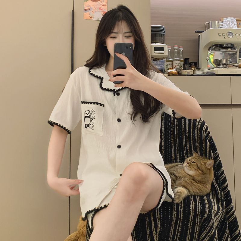 Summer cloud cotton lapel cardigan shorts shorts pajamas women's suit casual home clothes
