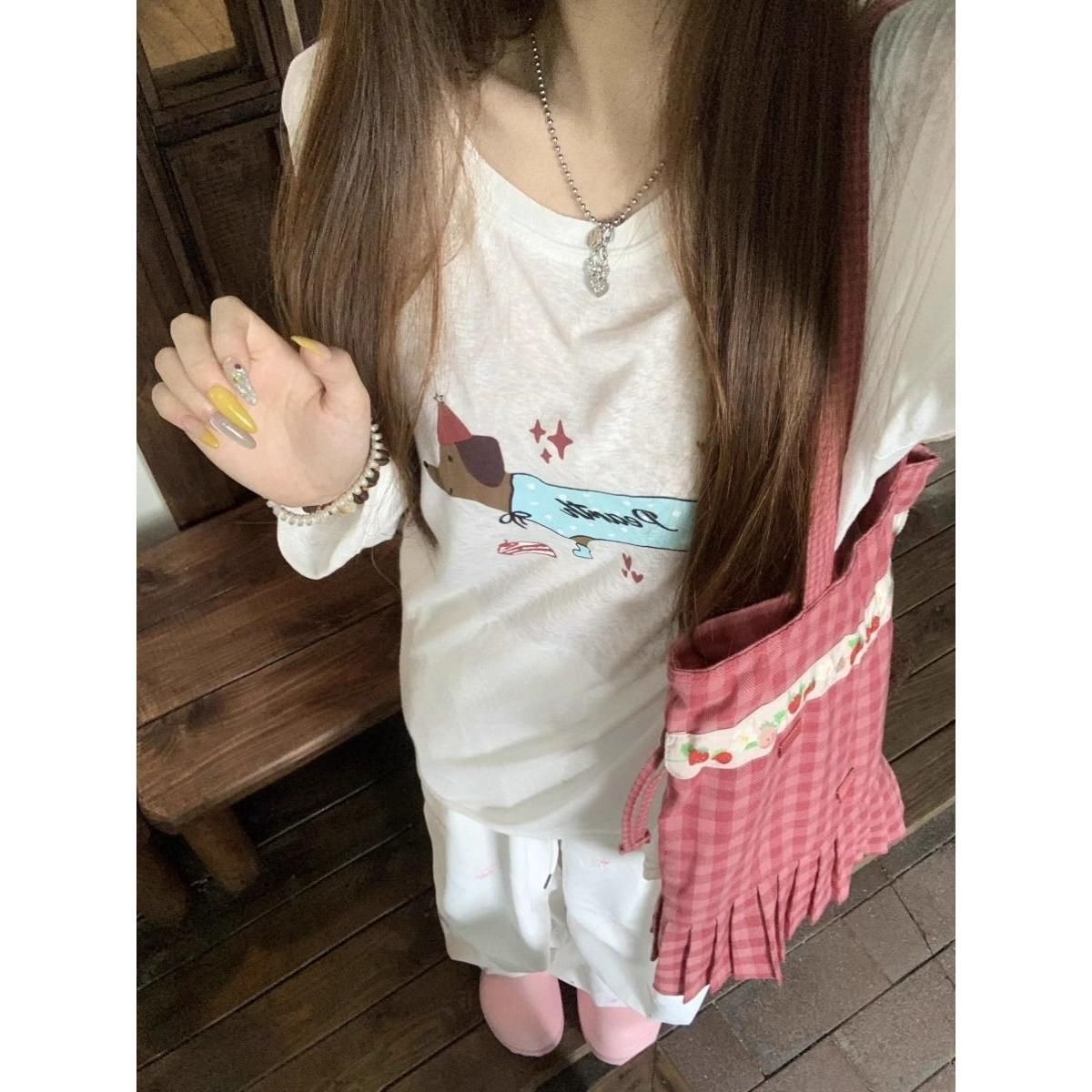 Bamboo thread niche casual style dog printed long-sleeved blouse sunscreen tulle T-shirt retro loose top trendy