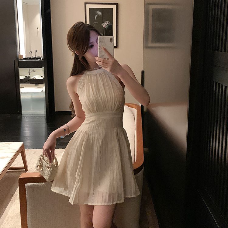 Design-soft style neck halter dress in summer new French temperament high-end slim first love suspender skirt