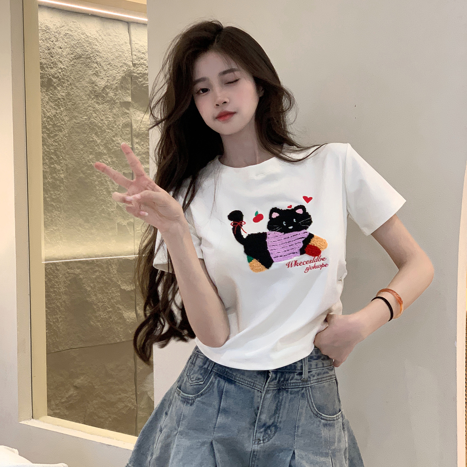 Real shot 1*1 thread 210g short-sleeved T-shirt summer 2025 trendy print shoulder slim short round neck top for women