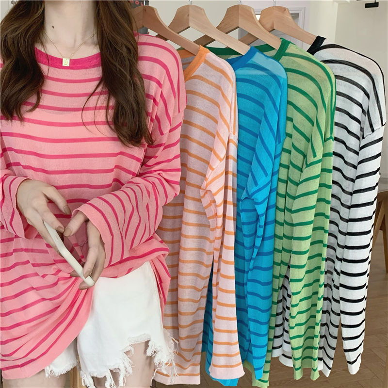 Spring and summer sunscreen shirt ice silk long-sleeved T-shirt for women's thin new loose versatile pullover air conditioning shirt knitted top
