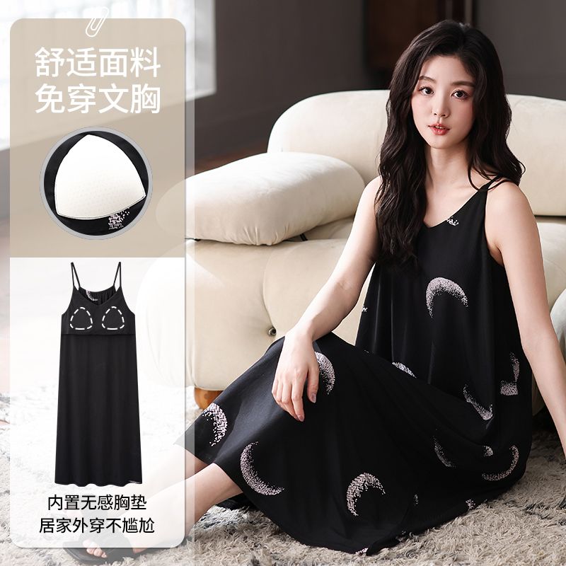 Summer ice threaded chest pad sexy suspender nightgown women's home clothes body dress